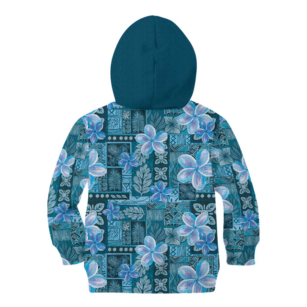 Cyan Hawaii Plumeria With Tropical Flowers Motifs Kid Hoodie