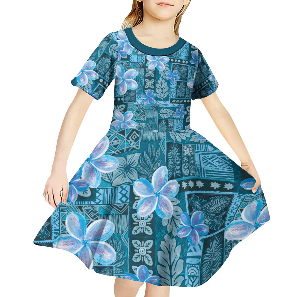 Cyan Hawaii Plumeria With Tropical Flowers Motifs Kid Short Sleeve Dress