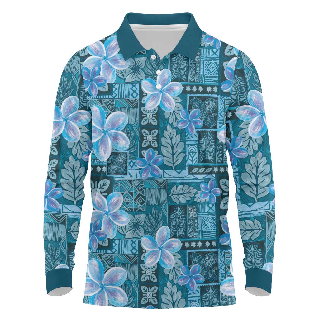 Cyan Hawaii Plumeria With Tropical Flowers Motifs Long Sleeve Polo Shirt