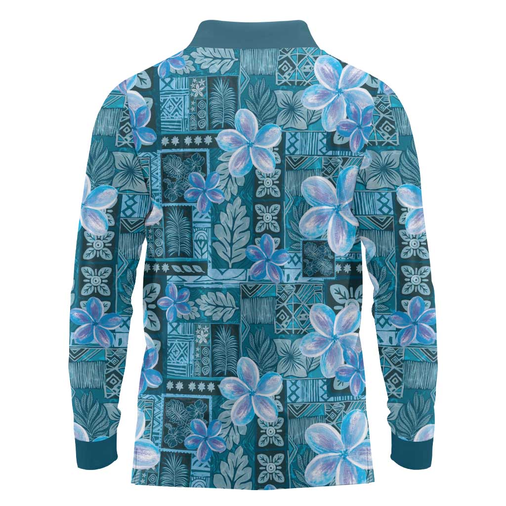 Cyan Hawaii Plumeria With Tropical Flowers Motifs Long Sleeve Polo Shirt