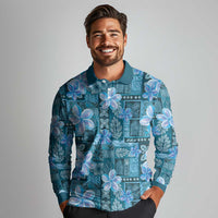 Cyan Hawaii Plumeria With Tropical Flowers Motifs Long Sleeve Polo Shirt