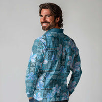 Cyan Hawaii Plumeria With Tropical Flowers Motifs Long Sleeve Polo Shirt