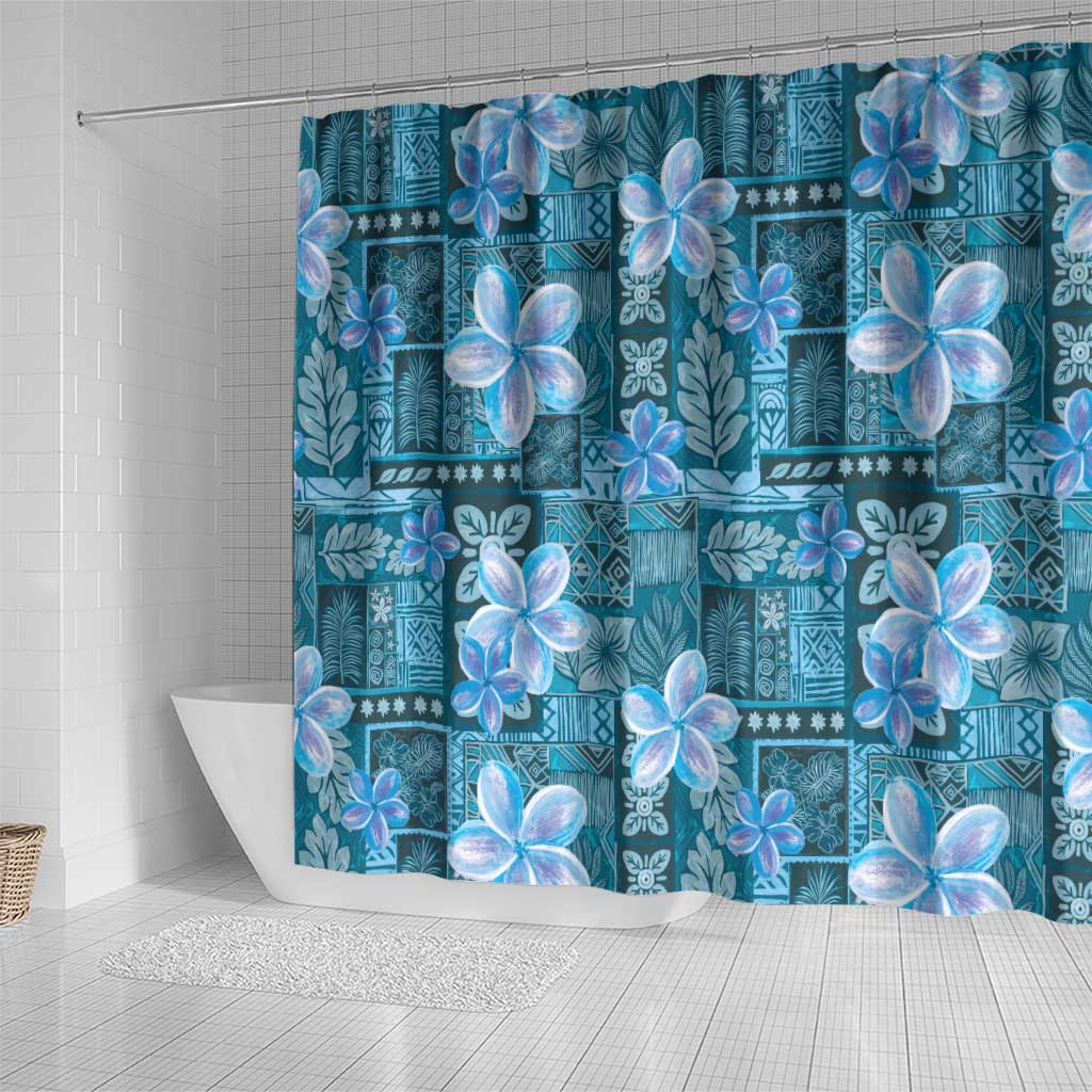 Cyan Hawaii Plumeria With Tropical Flowers Motifs Shower Curtain