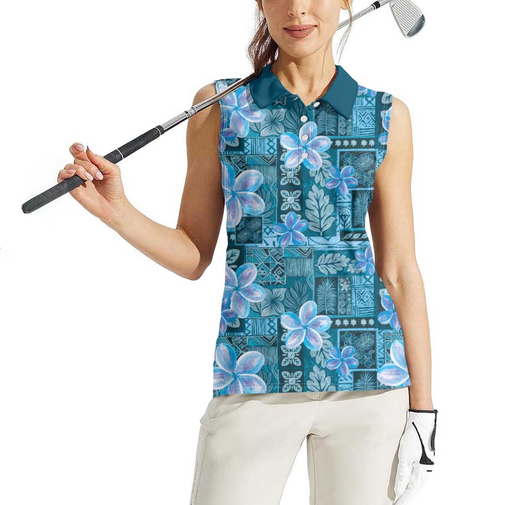 Cyan Hawaii Plumeria With Tropical Flowers Motifs Women Sleeveless Polo Shirt
