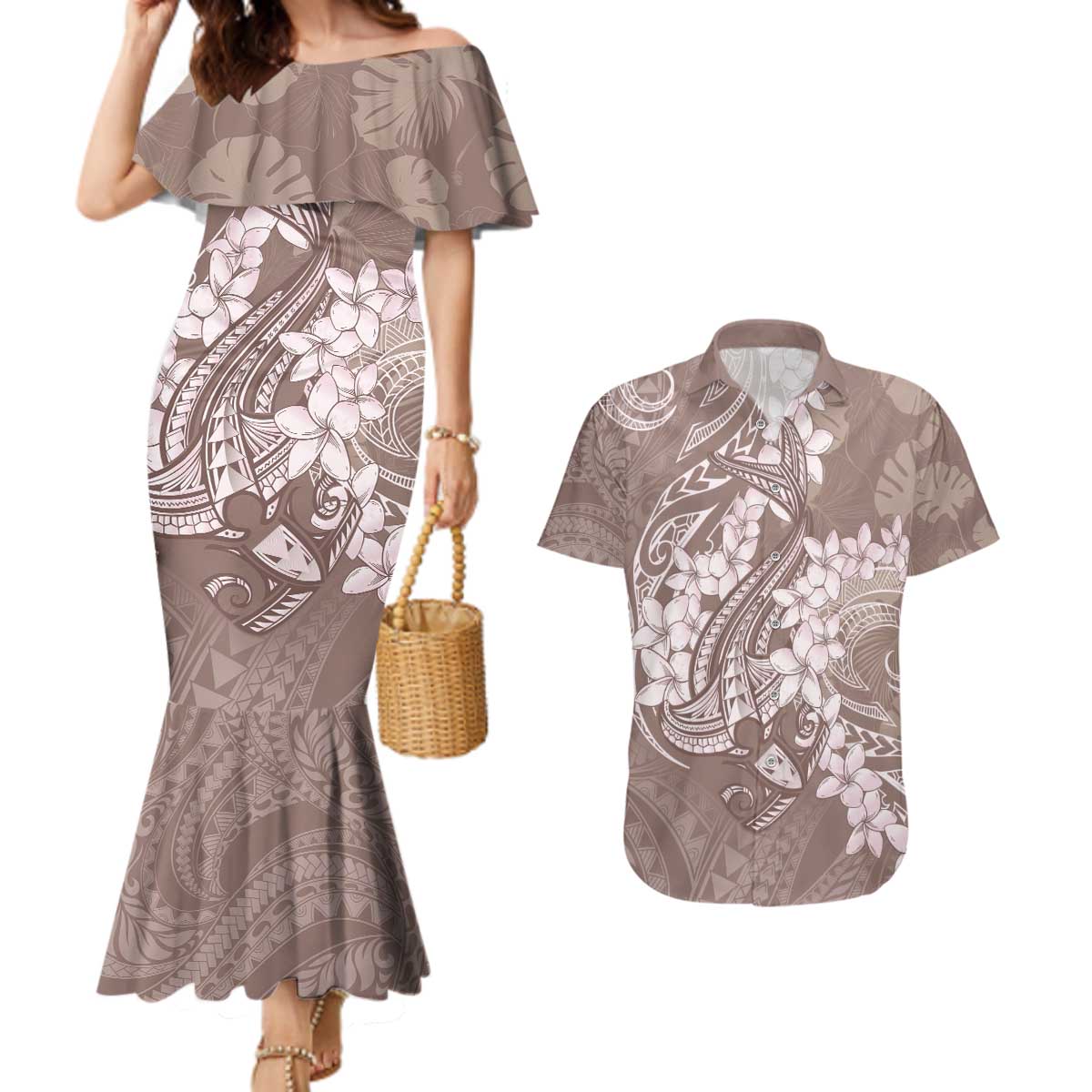 Polynesia Hammerhead Shark Tattoo With Plumeria Lei Couples Matching Mermaid Dress and Hawaiian Shirt