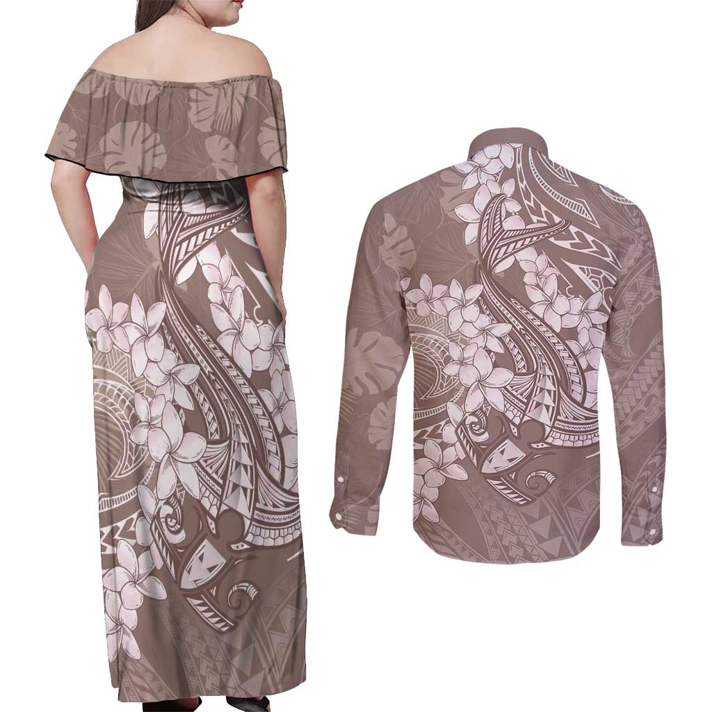 Polynesia Hammerhead Shark Tattoo With Plumeria Lei Couples Matching Off Shoulder Maxi Dress and Long Sleeve Button Shirt