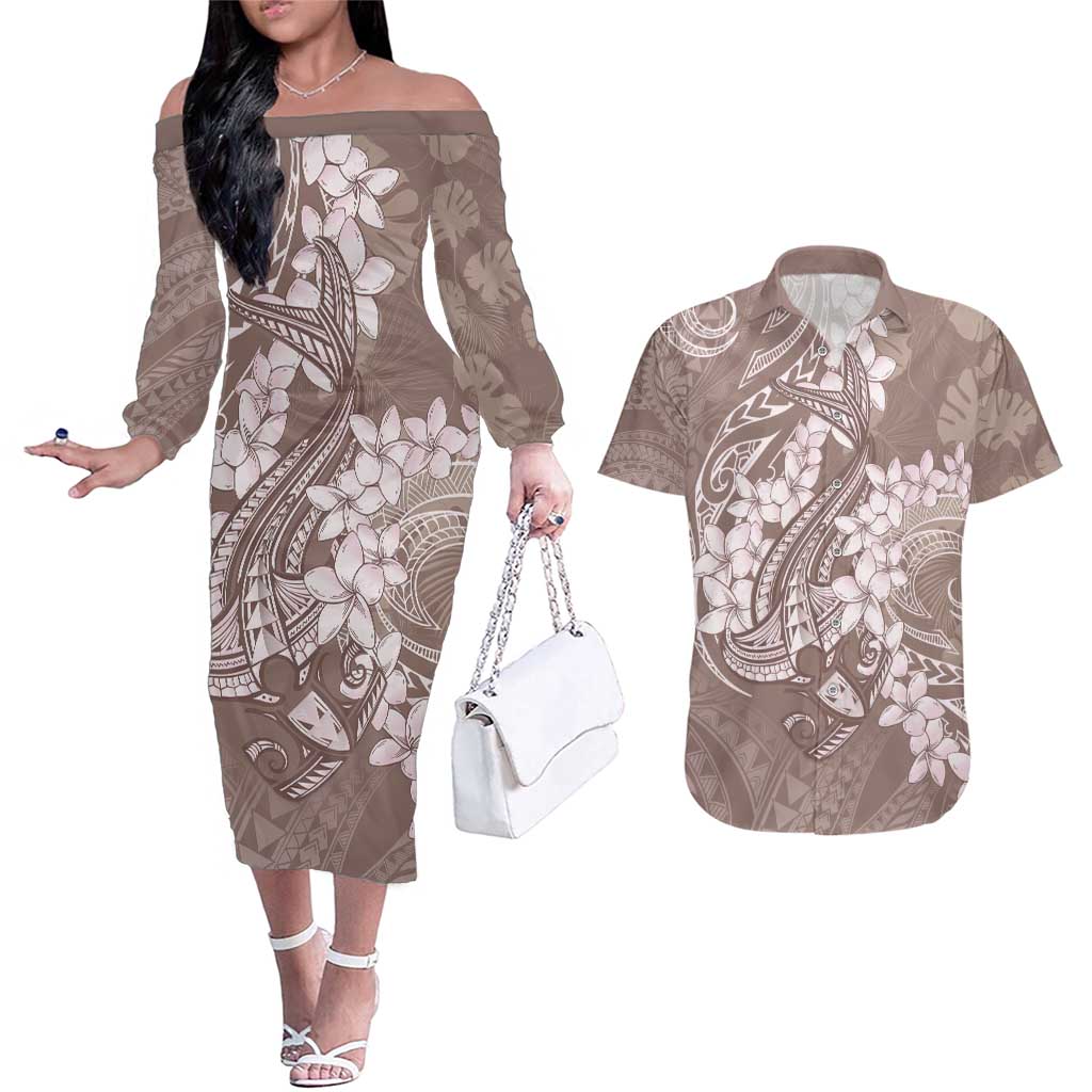Polynesia Hammerhead Shark Tattoo With Plumeria Lei Couples Matching Off The Shoulder Long Sleeve Dress and Hawaiian Shirt