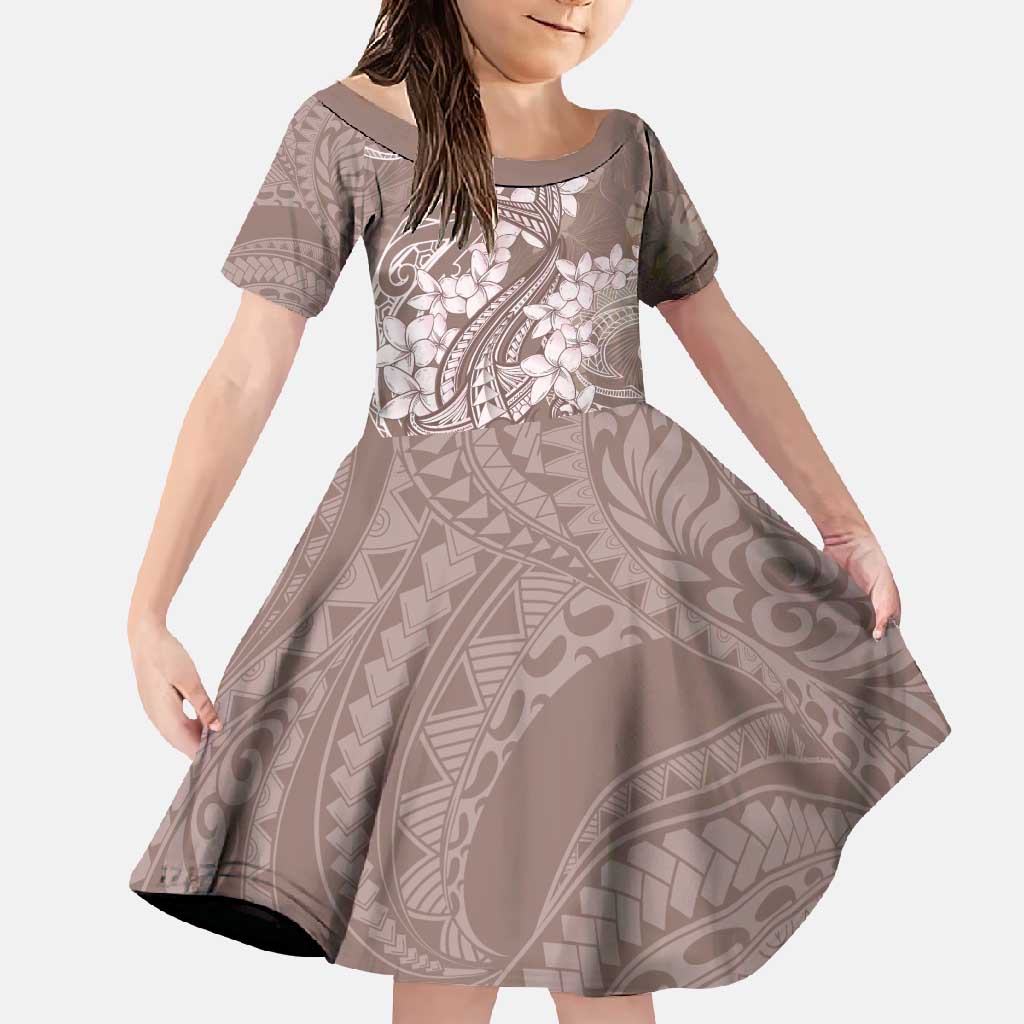 Polynesia Hammerhead Shark Tattoo With Plumeria Lei Family Matching Long Sleeve Bodycon Dress and Hawaiian Shirt LT14 Daughter's Dress Mocha - Polynesian Pride