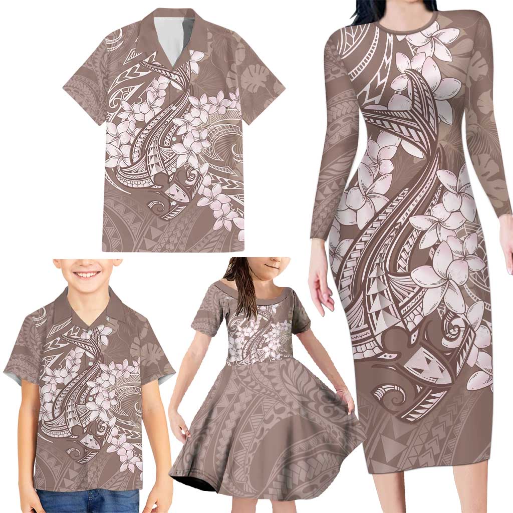 Polynesia Hammerhead Shark Tattoo With Plumeria Lei Family Matching Long Sleeve Bodycon Dress and Hawaiian Shirt LT14 - Polynesian Pride