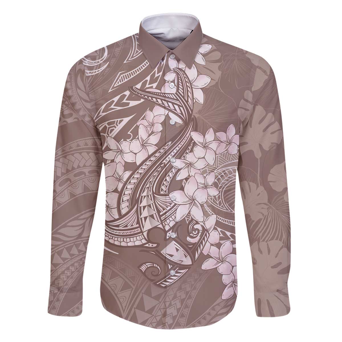 Polynesia Hammerhead Shark Tattoo With Plumeria Lei Family Matching Off The Shoulder Long Sleeve Dress and Hawaiian Shirt LT14 Dad's Shirt - Long Sleeve Mocha - Polynesian Pride