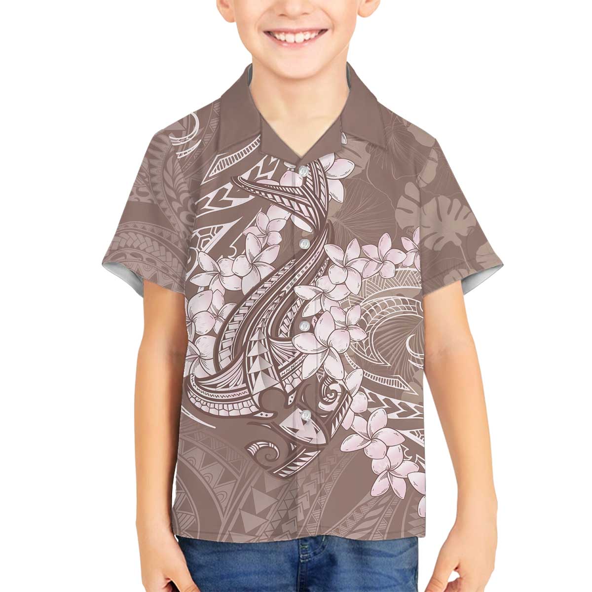 Polynesia Hammerhead Shark Tattoo With Plumeria Lei Family Matching Off The Shoulder Long Sleeve Dress and Hawaiian Shirt LT14 Son's Shirt Mocha - Polynesian Pride
