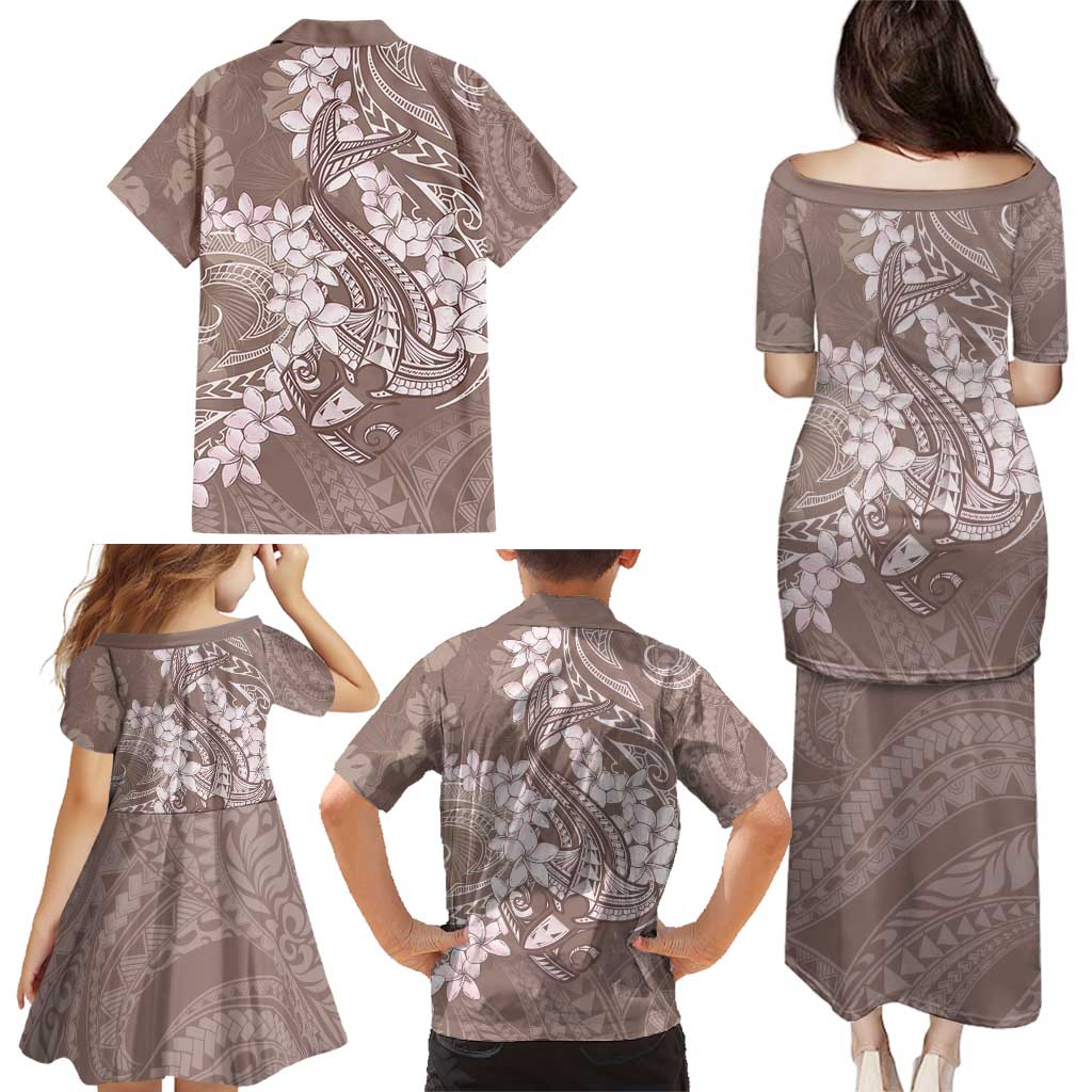 Polynesia Hammerhead Shark Tattoo With Plumeria Lei Family Matching Puletasi and Hawaiian Shirt