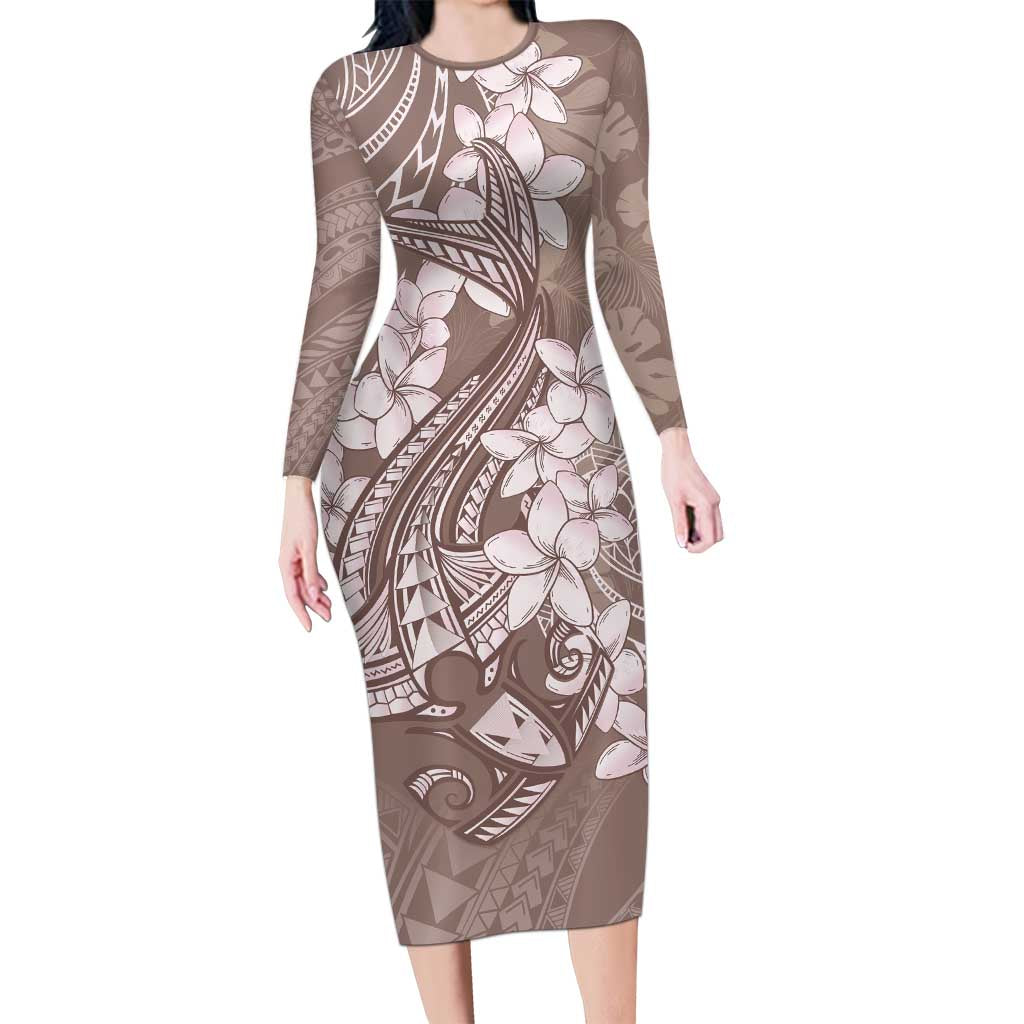 Polynesia Hammerhead Shark Tattoo With Plumeria Lei Long Sleeve Bodycon Dress