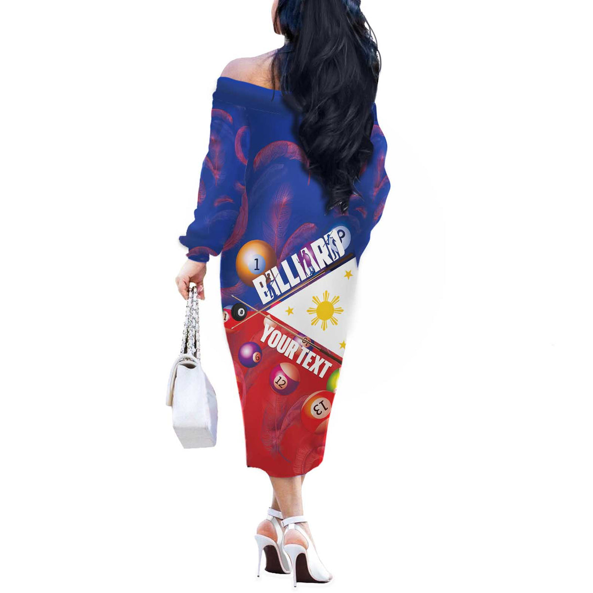Personalised Philippines Billiards Off The Shoulder Long Sleeve Dress Cue With Balls Flag Style - Polynesian Pride
