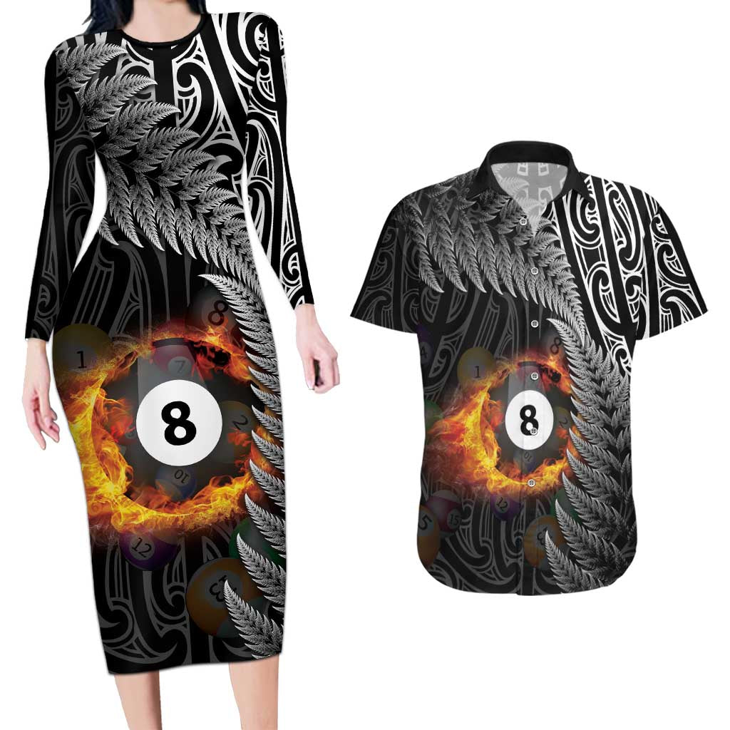 Personalised New Zealand Billiards Couples Matching Long Sleeve Bodycon Dress and Hawaiian Shirt Maori Fern On Fire 8 Ball LT14 Black - Polynesian Pride