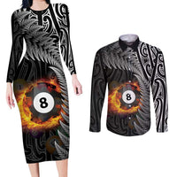 Personalised New Zealand Billiards Couples Matching Long Sleeve Bodycon Dress and Long Sleeve Button Shirt Maori Fern On Fire 8 Ball LT14 Black - Polynesian Pride