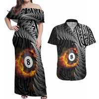 Personalised New Zealand Billiards Couples Matching Off Shoulder Maxi Dress and Hawaiian Shirt Maori Fern On Fire 8 Ball LT14 Black - Polynesian Pride