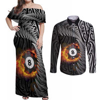 Personalised New Zealand Billiards Couples Matching Off Shoulder Maxi Dress and Long Sleeve Button Shirt Maori Fern On Fire 8 Ball LT14 Black - Polynesian Pride