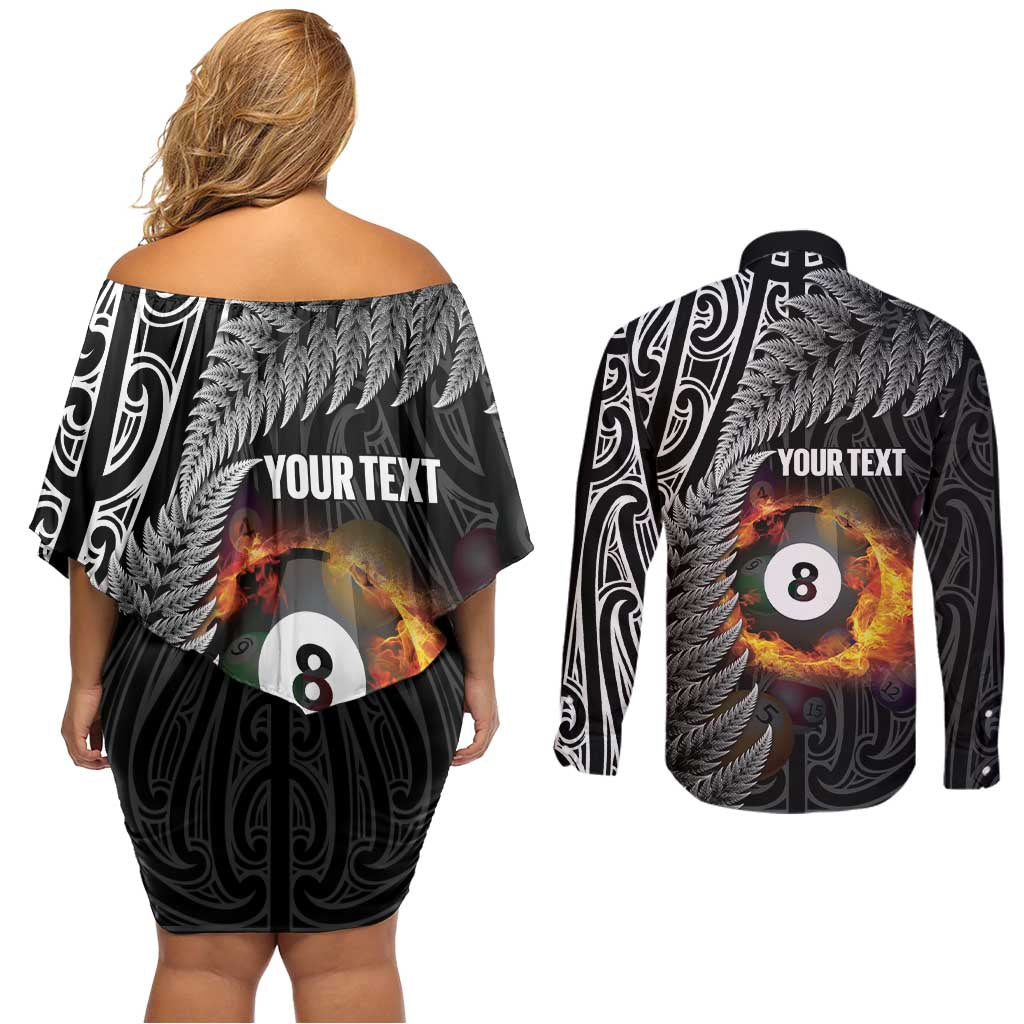 Personalised New Zealand Billiards Couples Matching Off Shoulder Short Dress and Long Sleeve Button Shirt Maori Fern On Fire 8 Ball LT14 - Polynesian Pride
