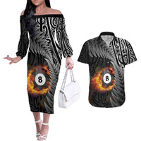 Personalised New Zealand Billiards Couples Matching Off The Shoulder Long Sleeve Dress and Hawaiian Shirt Maori Fern On Fire 8 Ball LT14 Black - Polynesian Pride