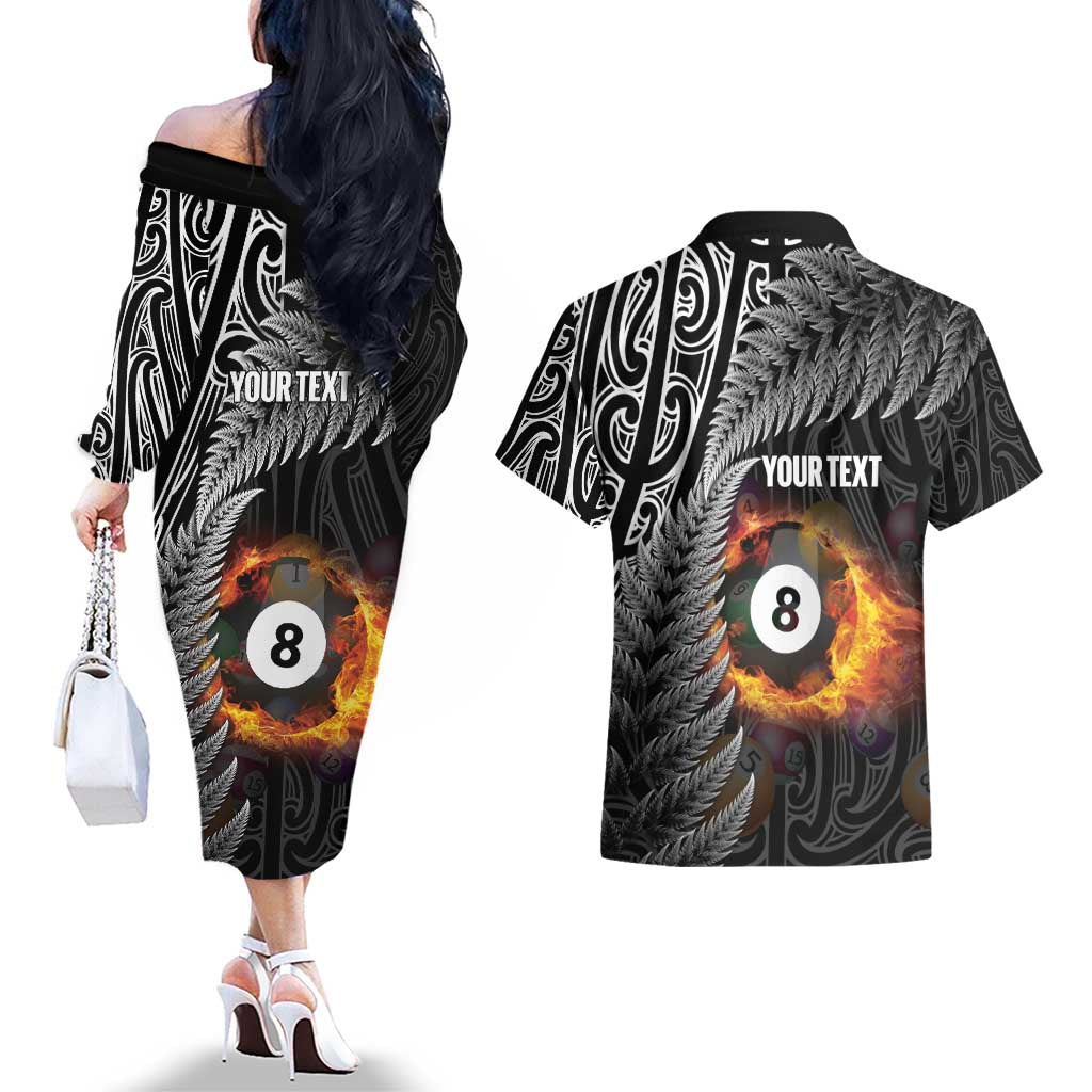 Personalised New Zealand Billiards Couples Matching Off The Shoulder Long Sleeve Dress and Hawaiian Shirt Maori Fern On Fire 8 Ball LT14 - Polynesian Pride