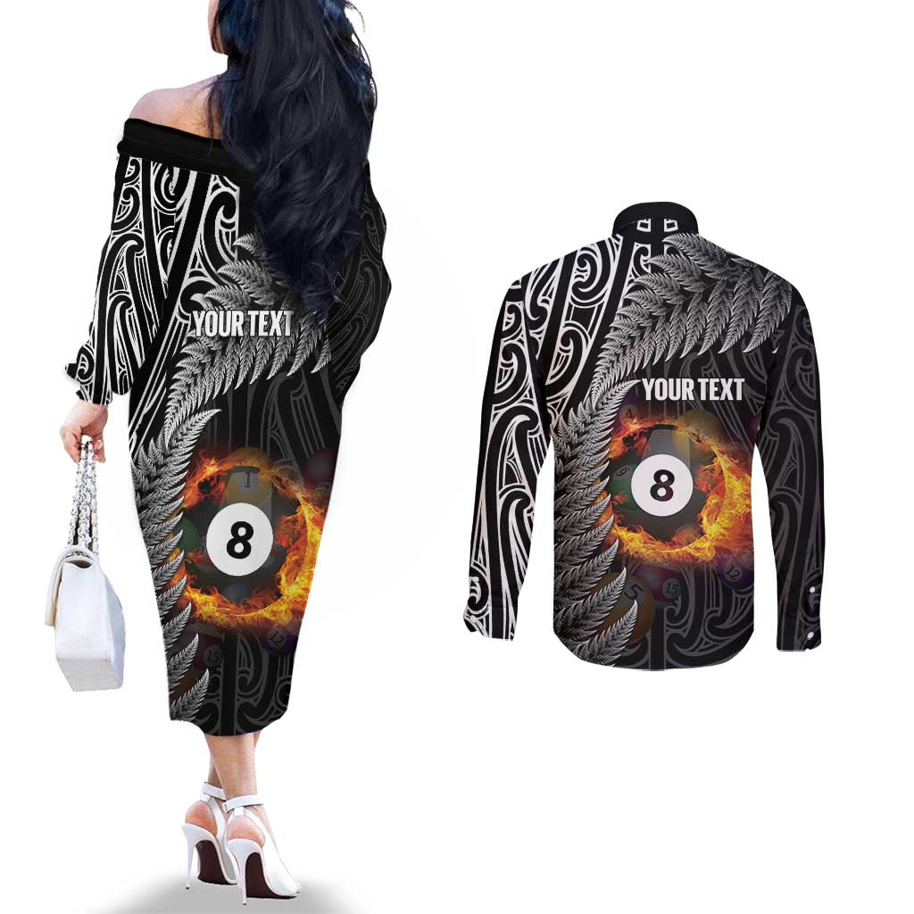 Personalised New Zealand Billiards Couples Matching Off The Shoulder Long Sleeve Dress and Long Sleeve Button Shirt Maori Fern On Fire 8 Ball LT14 - Polynesian Pride