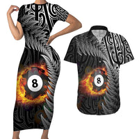 Personalised New Zealand Billiards Couples Matching Short Sleeve Bodycon Dress and Hawaiian Shirt Maori Fern On Fire 8 Ball LT14 Black - Polynesian Pride