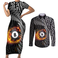 Personalised New Zealand Billiards Couples Matching Short Sleeve Bodycon Dress and Long Sleeve Button Shirt Maori Fern On Fire 8 Ball LT14 Black - Polynesian Pride