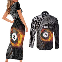 Personalised New Zealand Billiards Couples Matching Short Sleeve Bodycon Dress and Long Sleeve Button Shirt Maori Fern On Fire 8 Ball LT14 - Polynesian Pride