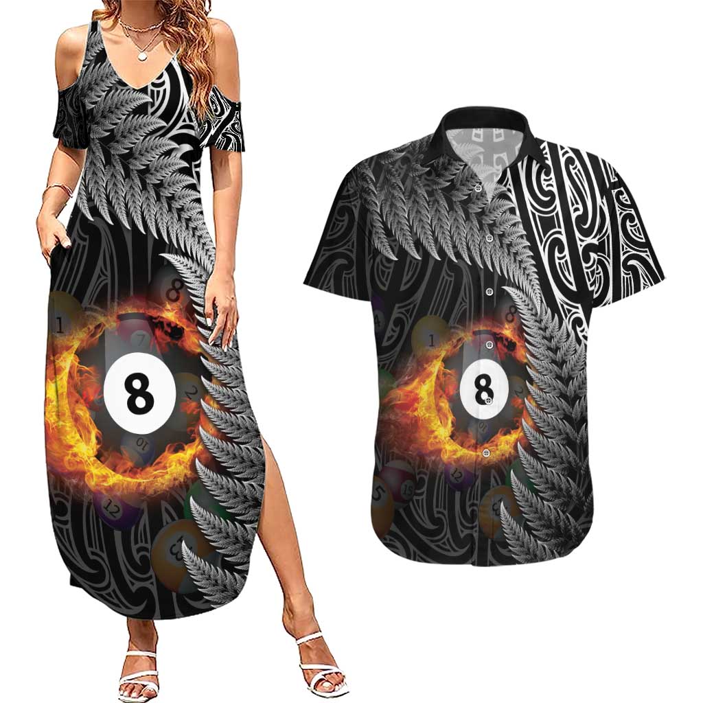 Personalised New Zealand Billiards Couples Matching Summer Maxi Dress and Hawaiian Shirt Maori Fern On Fire 8 Ball LT14 Black - Polynesian Pride