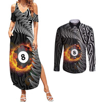 Personalised New Zealand Billiards Couples Matching Summer Maxi Dress and Long Sleeve Button Shirt Maori Fern On Fire 8 Ball LT14 Black - Polynesian Pride