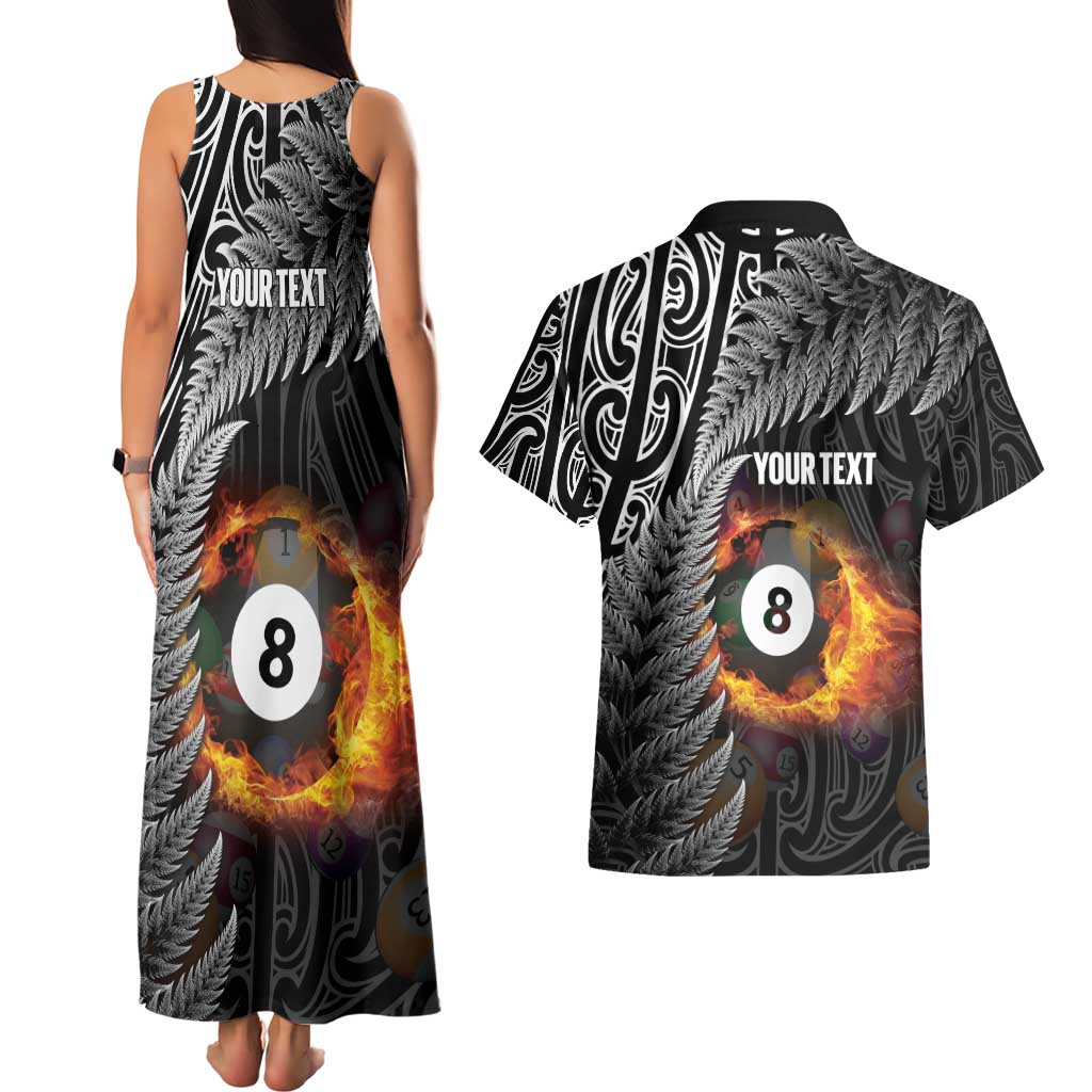 Personalised New Zealand Billiards Couples Matching Tank Maxi Dress and Hawaiian Shirt Maori Fern On Fire 8 Ball LT14 - Polynesian Pride