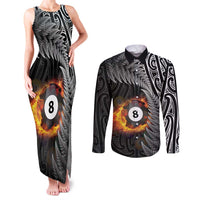 Personalised New Zealand Billiards Couples Matching Tank Maxi Dress and Long Sleeve Button Shirt Maori Fern On Fire 8 Ball LT14 Black - Polynesian Pride