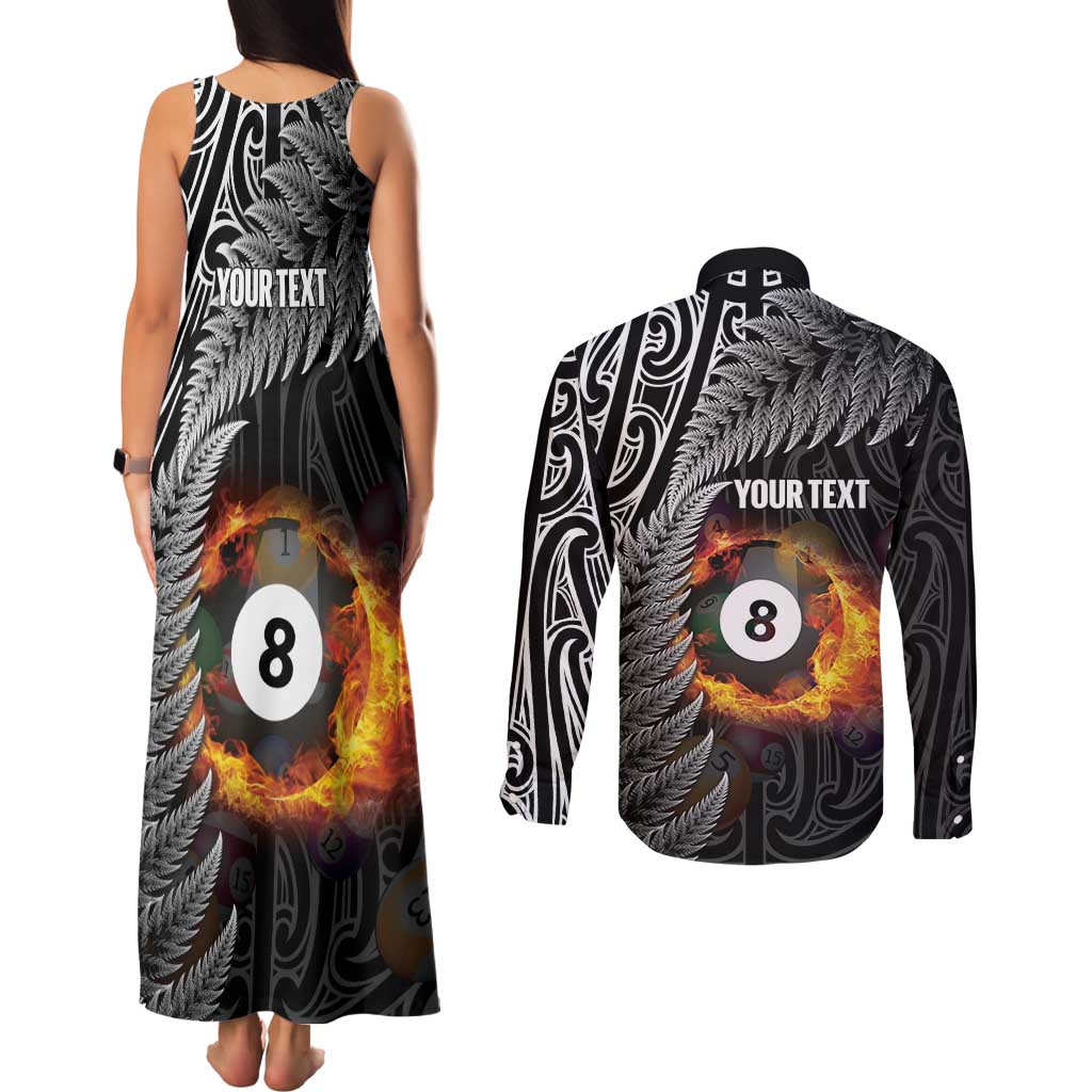 Personalised New Zealand Billiards Couples Matching Tank Maxi Dress and Long Sleeve Button Shirt Maori Fern On Fire 8 Ball LT14 - Polynesian Pride