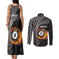 Personalised New Zealand Billiards Couples Matching Tank Maxi Dress and Long Sleeve Button Shirt Maori Fern On Fire 8 Ball LT14 - Polynesian Pride