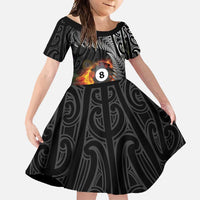 Personalised New Zealand Billiards Family Matching Mermaid Dress and Hawaiian Shirt Maori Fern On Fire 8 Ball LT14 Daughter's Dress Black - Polynesian Pride