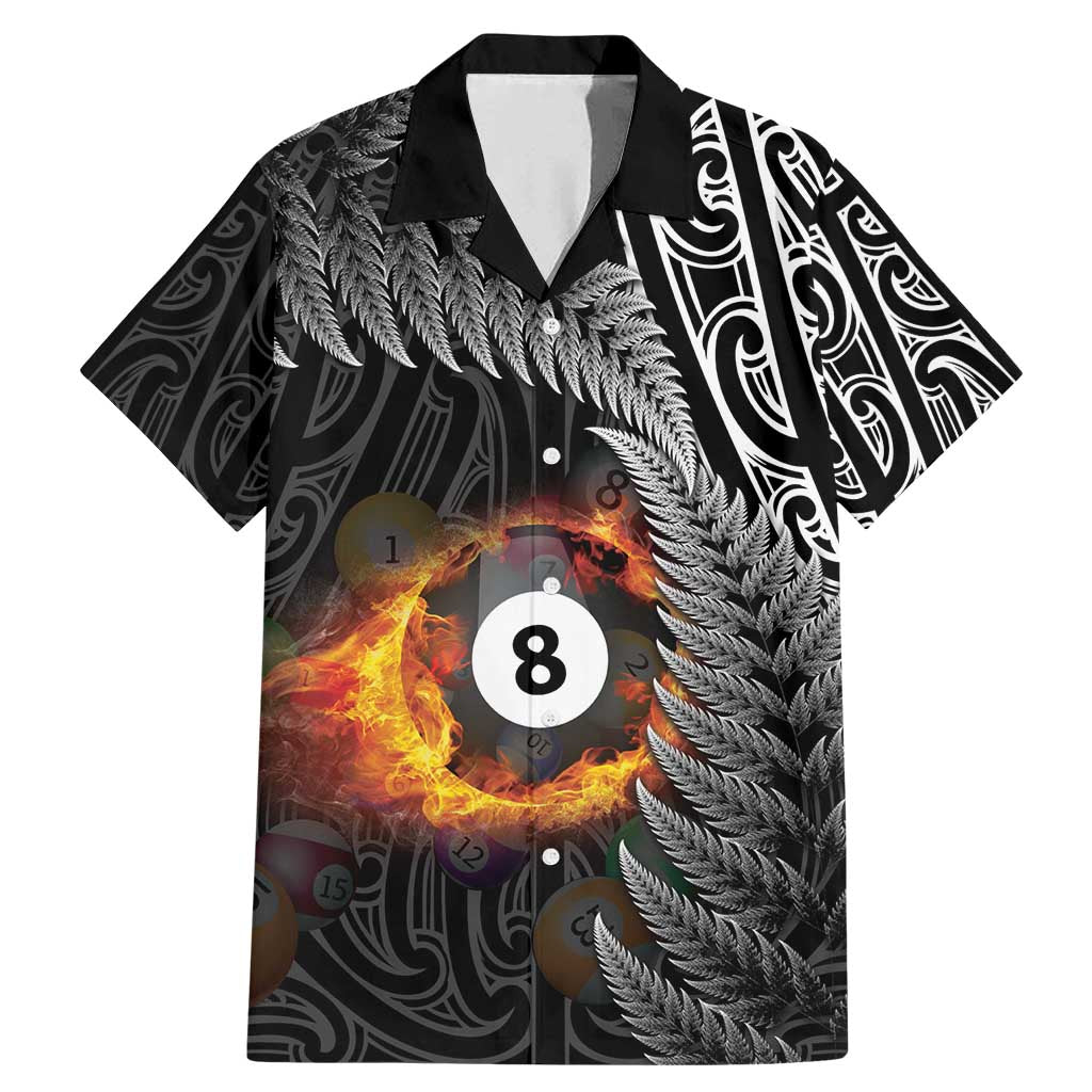 Personalised New Zealand Billiards Family Matching Mermaid Dress and Hawaiian Shirt Maori Fern On Fire 8 Ball LT14 Dad's Shirt - Short Sleeve Black - Polynesian Pride