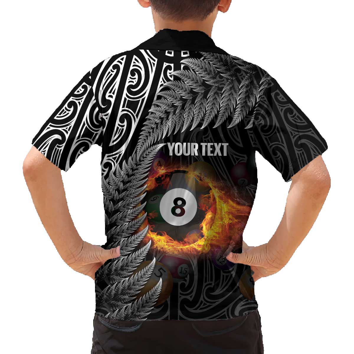 Personalised New Zealand Billiards Family Matching Off The Shoulder Long Sleeve Dress and Hawaiian Shirt Maori Fern On Fire 8 Ball LT14 - Polynesian Pride