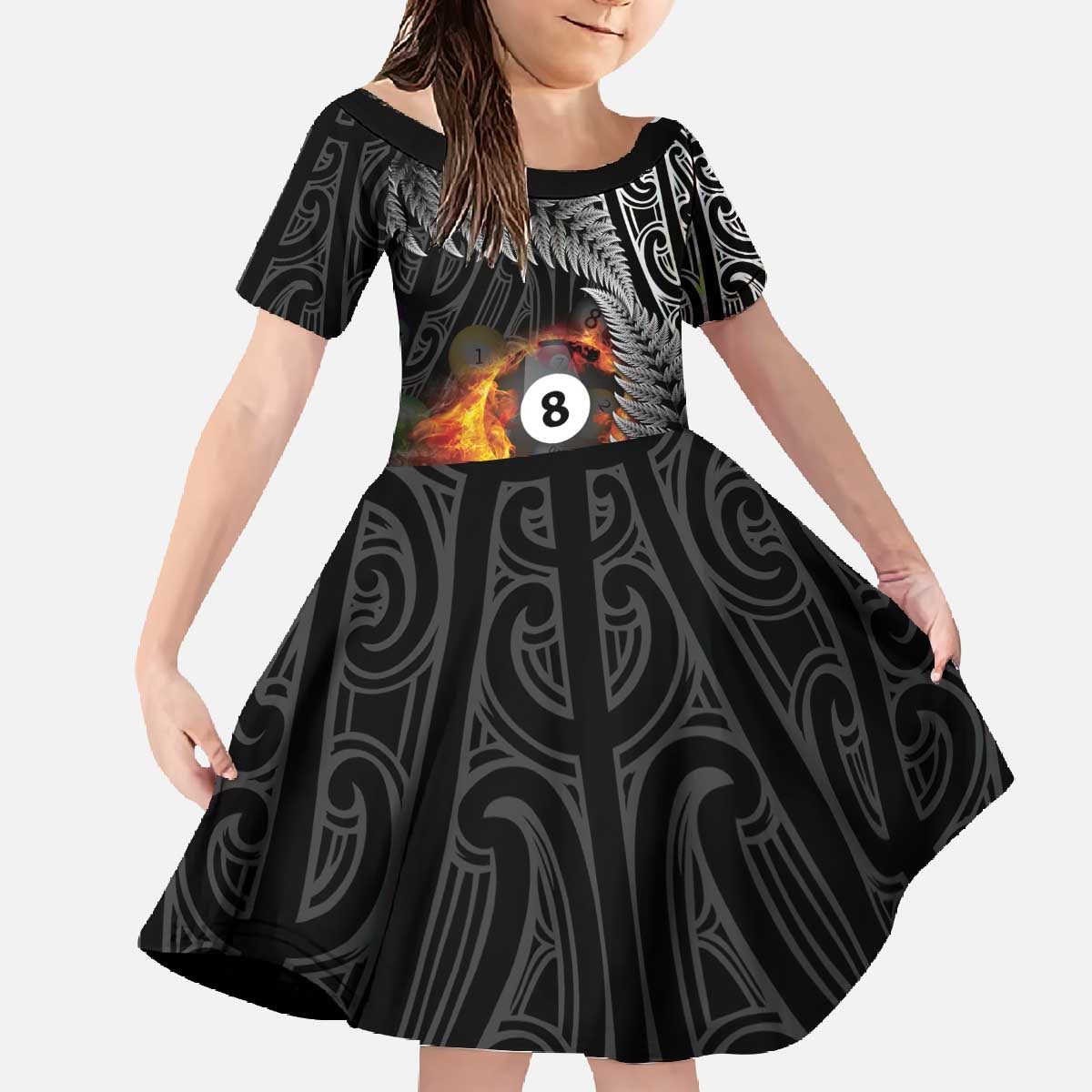 Personalised New Zealand Billiards Family Matching Off The Shoulder Long Sleeve Dress and Hawaiian Shirt Maori Fern On Fire 8 Ball LT14 Daughter's Dress Black - Polynesian Pride