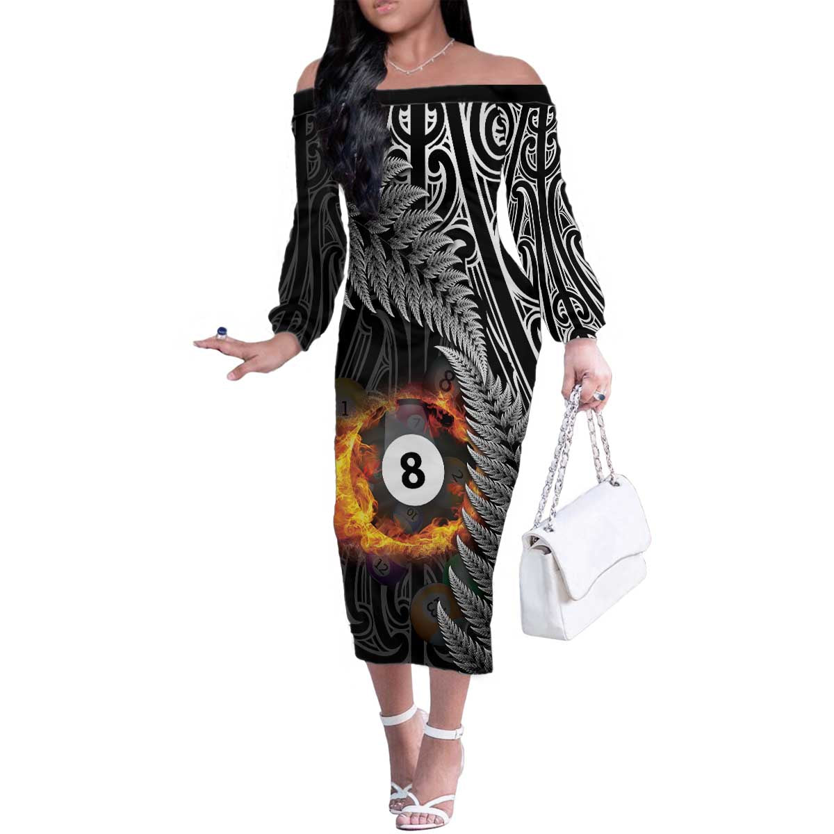 Personalised New Zealand Billiards Family Matching Off The Shoulder Long Sleeve Dress and Hawaiian Shirt Maori Fern On Fire 8 Ball LT14 Mom's Dress Black - Polynesian Pride