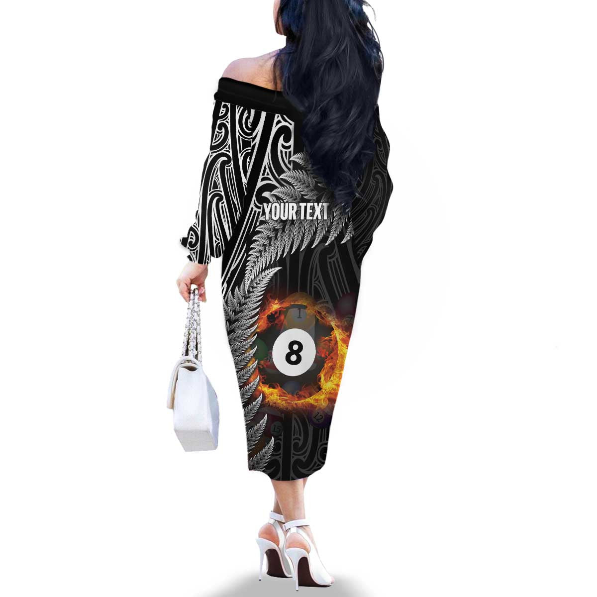Personalised New Zealand Billiards Family Matching Off The Shoulder Long Sleeve Dress and Hawaiian Shirt Maori Fern On Fire 8 Ball LT14 - Polynesian Pride