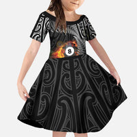 Personalised New Zealand Billiards Family Matching Off Shoulder Maxi Dress and Hawaiian Shirt Maori Fern On Fire 8 Ball LT14 Daughter's Dress Black - Polynesian Pride