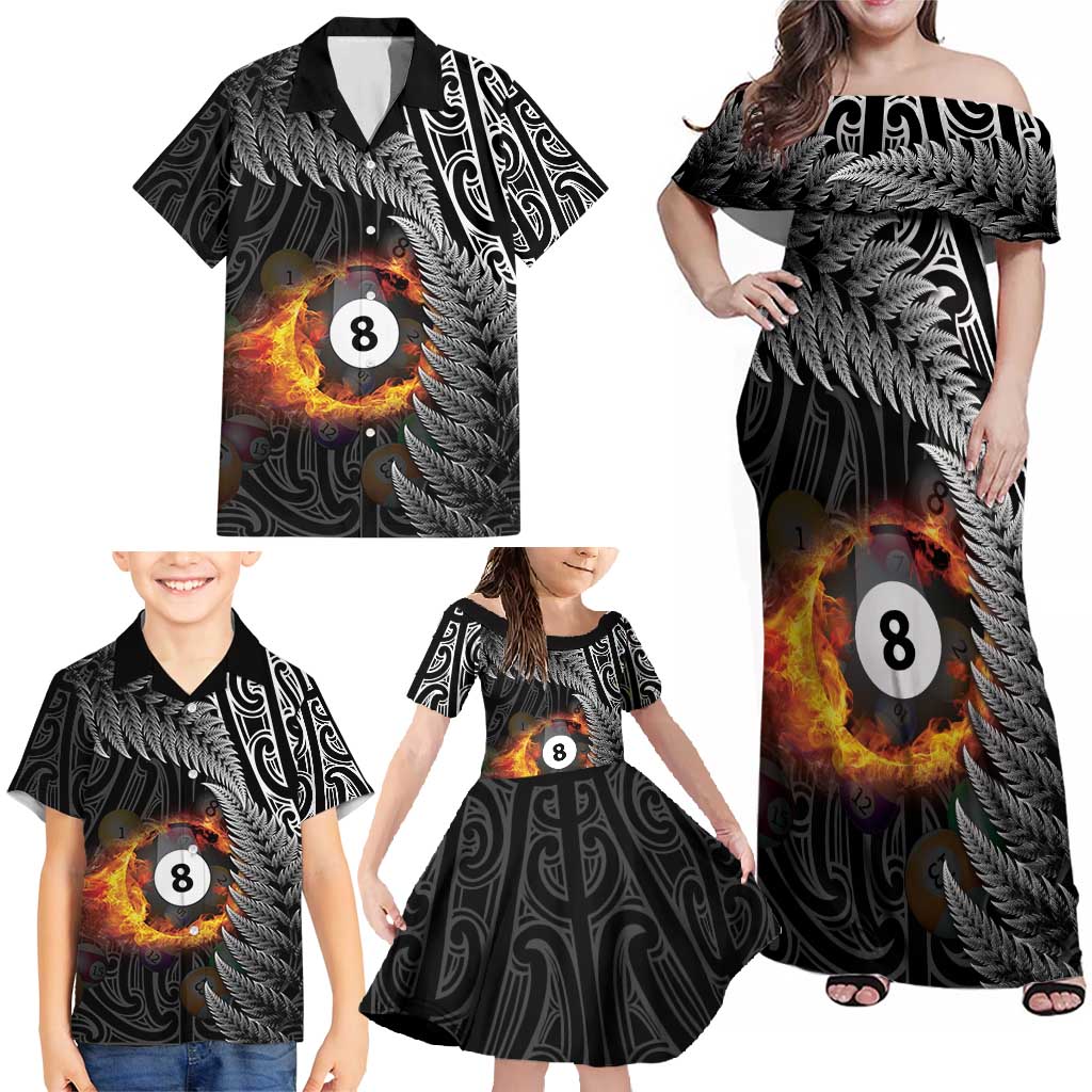 Personalised New Zealand Billiards Family Matching Off Shoulder Maxi Dress and Hawaiian Shirt Maori Fern On Fire 8 Ball LT14 - Polynesian Pride