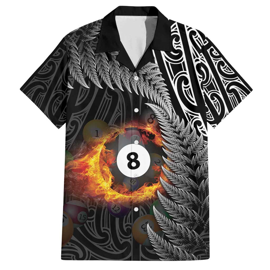 Personalised New Zealand Billiards Family Matching Off Shoulder Maxi Dress and Hawaiian Shirt Maori Fern On Fire 8 Ball LT14 Dad's Shirt - Short Sleeve Black - Polynesian Pride
