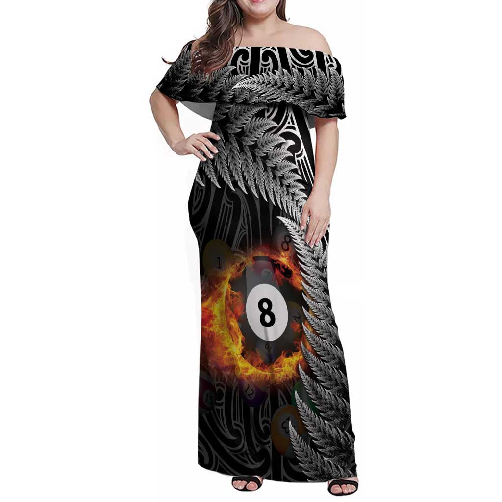 Personalised New Zealand Billiards Family Matching Off Shoulder Maxi Dress and Hawaiian Shirt Maori Fern On Fire 8 Ball LT14 Mom's Dress Black - Polynesian Pride