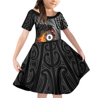 Personalised New Zealand Billiards Family Matching Off Shoulder Short Dress and Hawaiian Shirt Maori Fern On Fire 8 Ball LT14 Daughter's Dress Black - Polynesian Pride