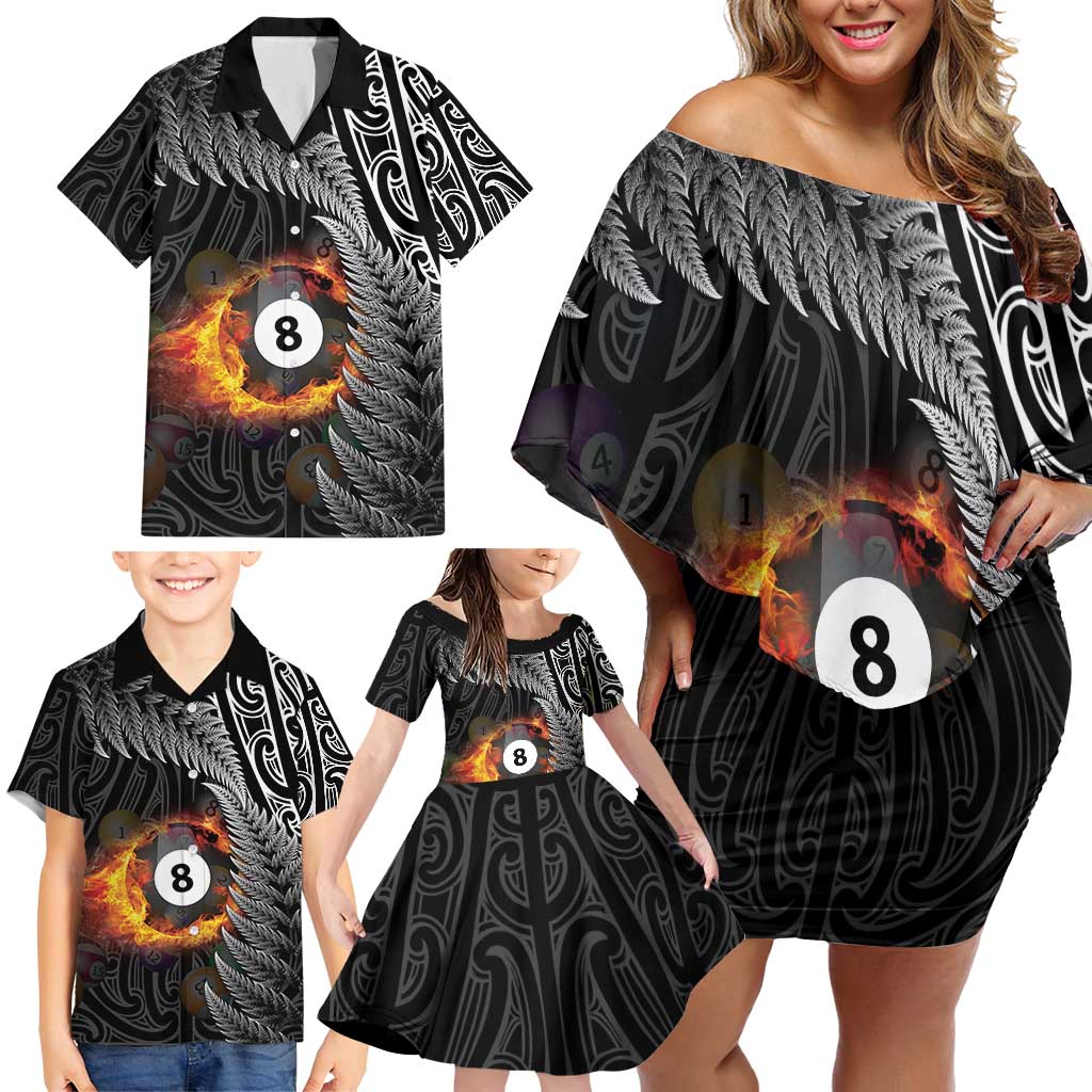 Personalised New Zealand Billiards Family Matching Off Shoulder Short Dress and Hawaiian Shirt Maori Fern On Fire 8 Ball LT14 - Polynesian Pride
