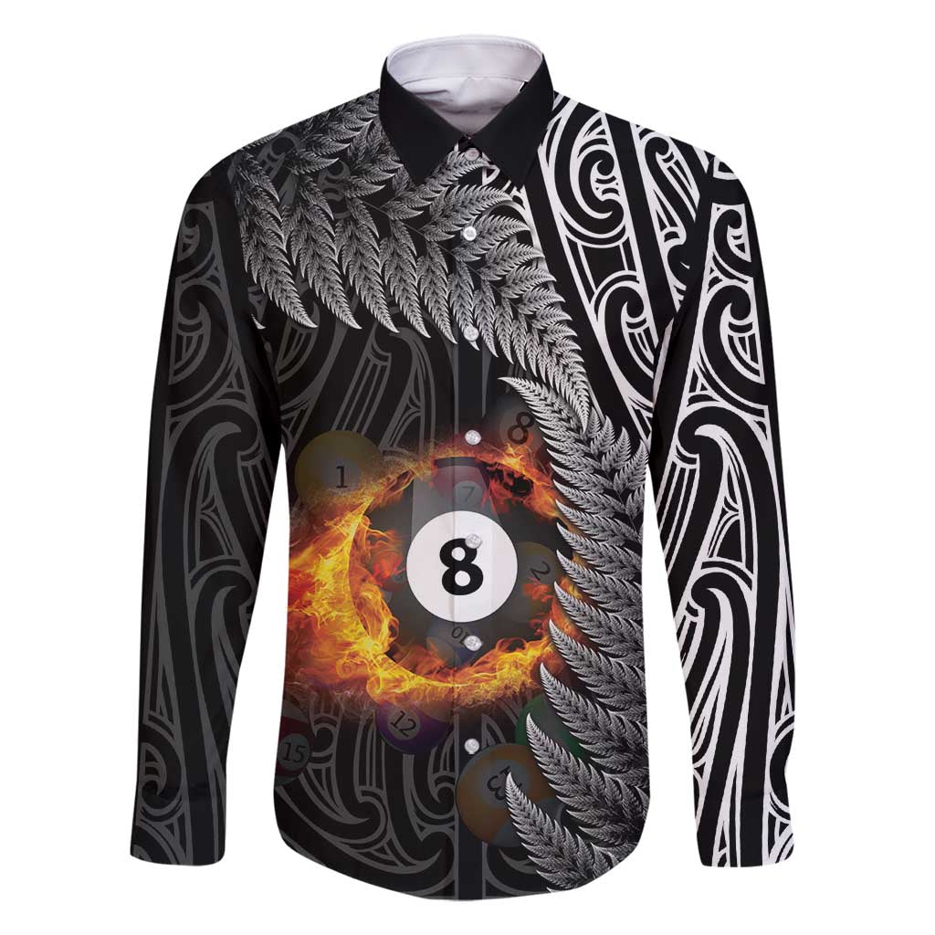 Personalised New Zealand Billiards Family Matching Off Shoulder Short Dress and Hawaiian Shirt Maori Fern On Fire 8 Ball LT14 Dad's Shirt - Long Sleeve Black - Polynesian Pride