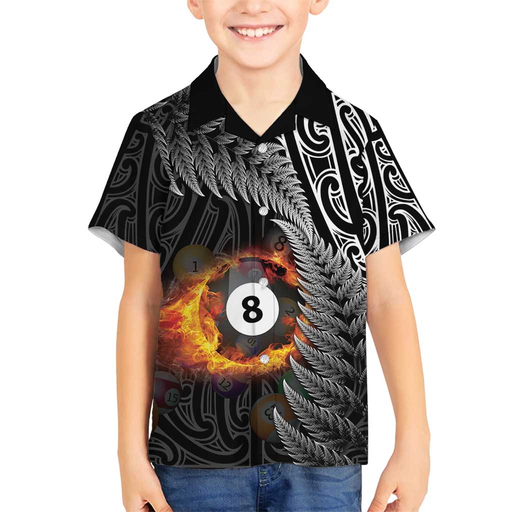 Personalised New Zealand Billiards Family Matching Off Shoulder Short Dress and Hawaiian Shirt Maori Fern On Fire 8 Ball LT14 Son's Shirt Black - Polynesian Pride
