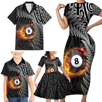 Personalised New Zealand Billiards Family Matching Short Sleeve Bodycon Dress and Hawaiian Shirt Maori Fern On Fire 8 Ball LT14 - Polynesian Pride